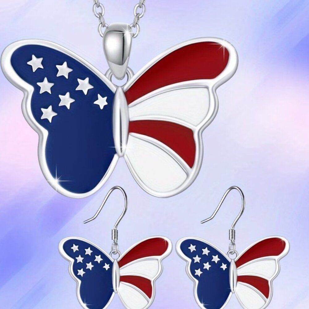 NWT Stars & Stripes Butterfly Jewelry Set Necklace Earrings
